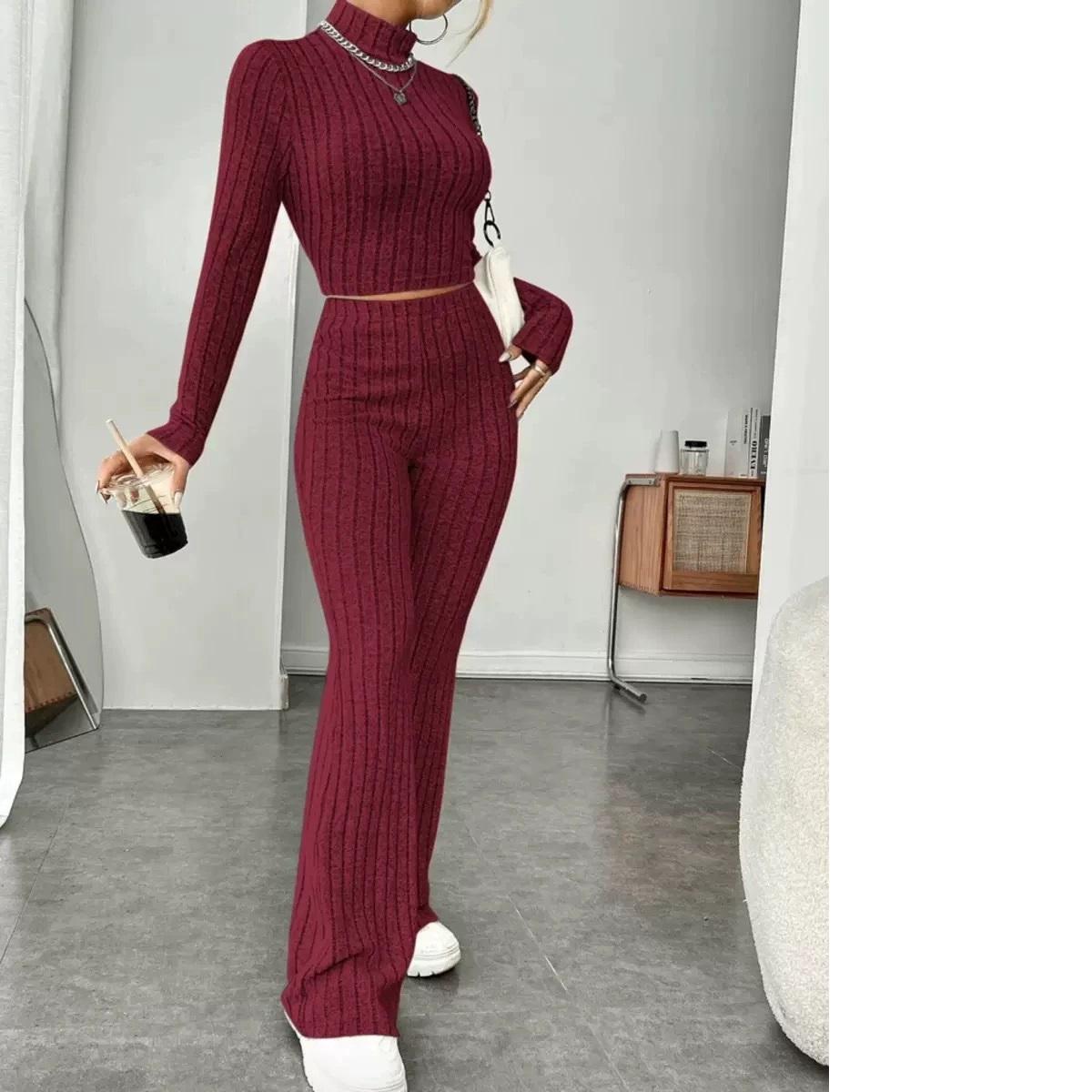 

Комплект из 2 предметов Женский вязаный свободный костюм с красным платьем с длинным рукавом Осень Новый Модный Повседневный Костюм для работы XS вино красного