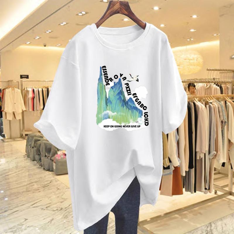 

Тяжелая футболка из чистого хлопка с новым дизайнерским принтом, женская, трендовая, летняя, свободная и универсальная, большого размера, трендовый топ S