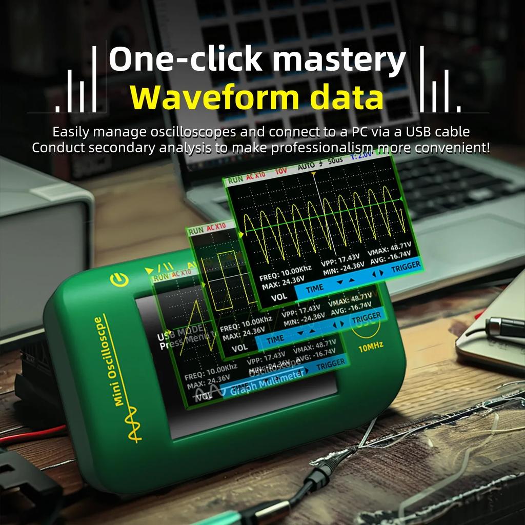 BSIDE OT2 Mini Digital Oscilloscope New Model 10MHZ Sampling 48MS/s Speed Large Screen PC Waveform Data Storage  Auto Tester