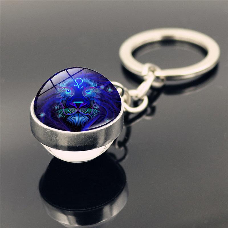 Fashion 12 Constellation Keychain Double Side Glass Cabochon Ball Keychain Zodiac Signs Key Rings Jewelry for Women Men Gift