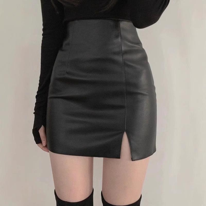 Women's Black High-Waist Bodycon Midi Skirt with Slit - Sexy Leather Pencil Skirt for Autumn/Winter