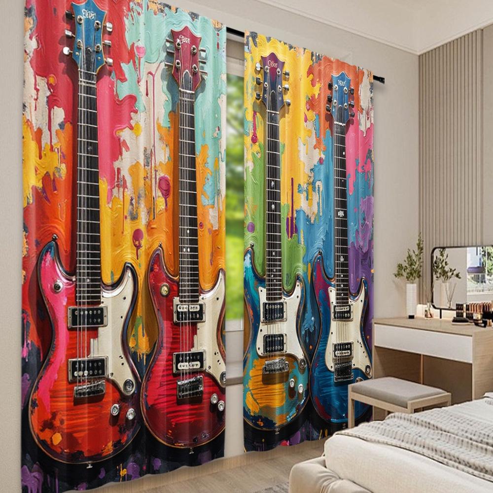 Set Of 2 Flat Printing Christmas Hot Party Curtains Vivid Guitars Digital Printed Polyester Drapes Holiday Decorations Use Curtain