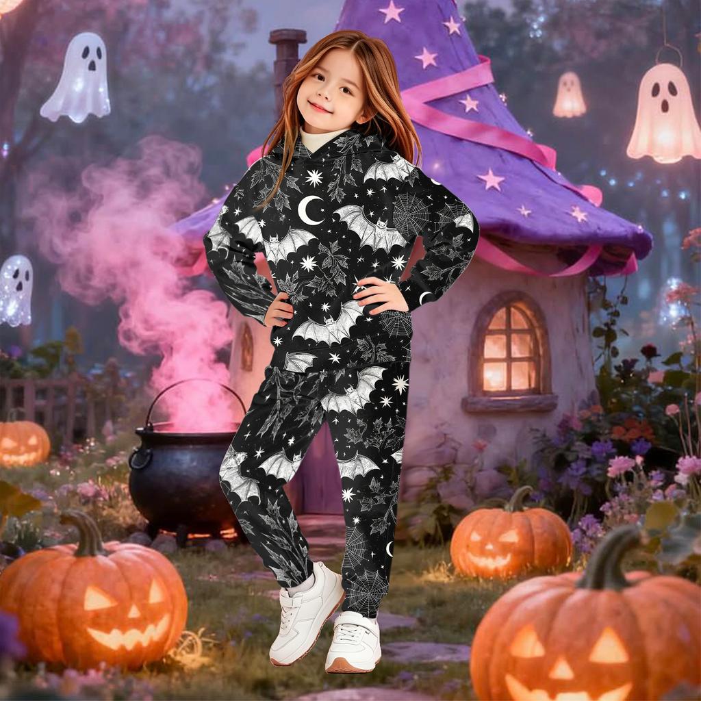 Kids Hoodie Set with Halloween Print – Long Sleeve Pullover and Pants for Boys Girls Holiday Party