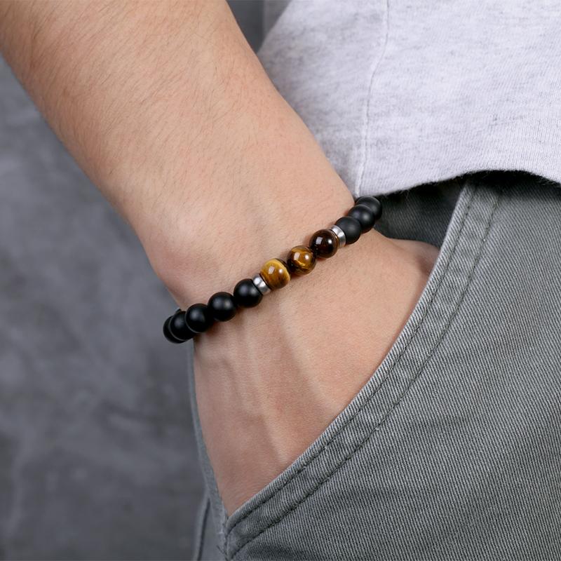 MATT STONE BRACELET     8mm Matt Onyx Stone Bead Bracelet with Reptile Design Lobster Lock, Brown Tiger Eye Stones
