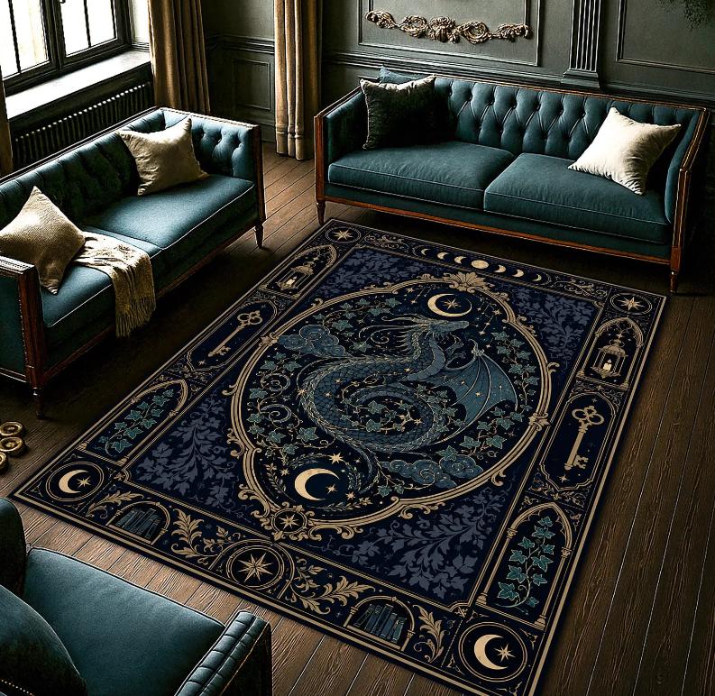 Moonlit Dragon Fantasy Rug, Celestial Gothic Carpet, Midnight Blue Dragon Decor Rug, Mystical Starry Artwork Home Decoration