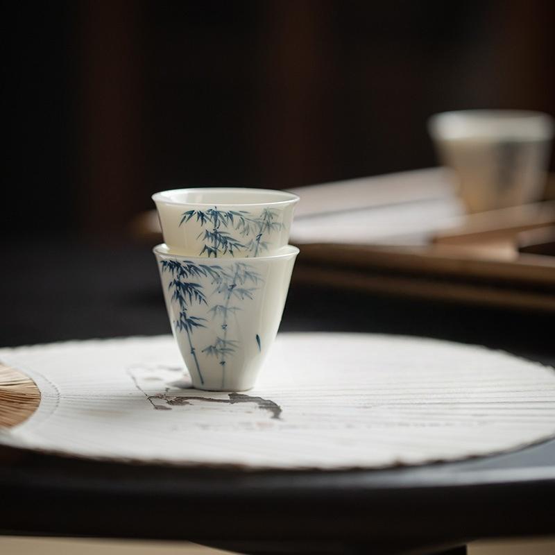 160ml Jade Clay White Porcelain Hand-painted Blue and White Bamboo Gaiwan Chinese Style Simple Tea Making Bowl Tea Ceremony 200ml