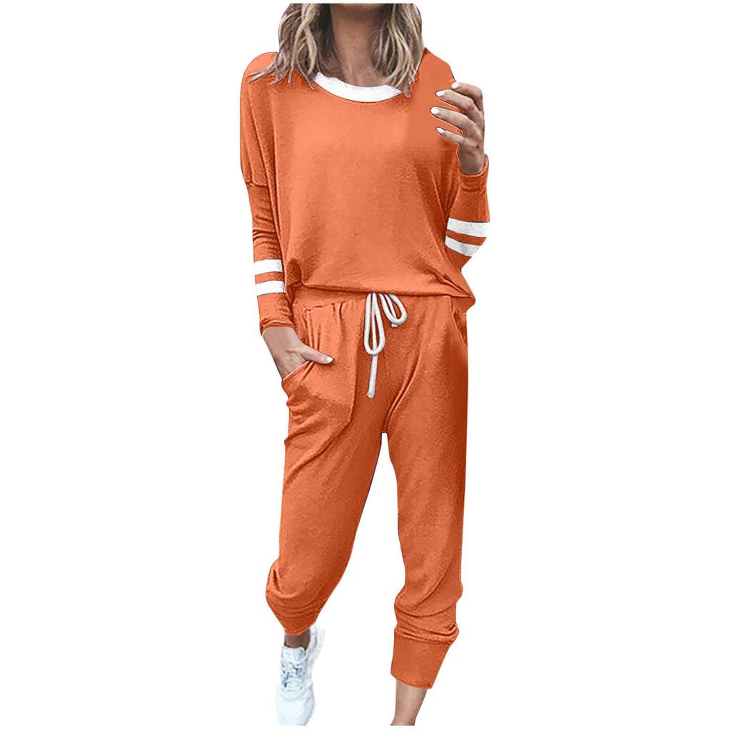 Women's Color Block Striped Long Sleeve Crew Neck Top + Pants Set