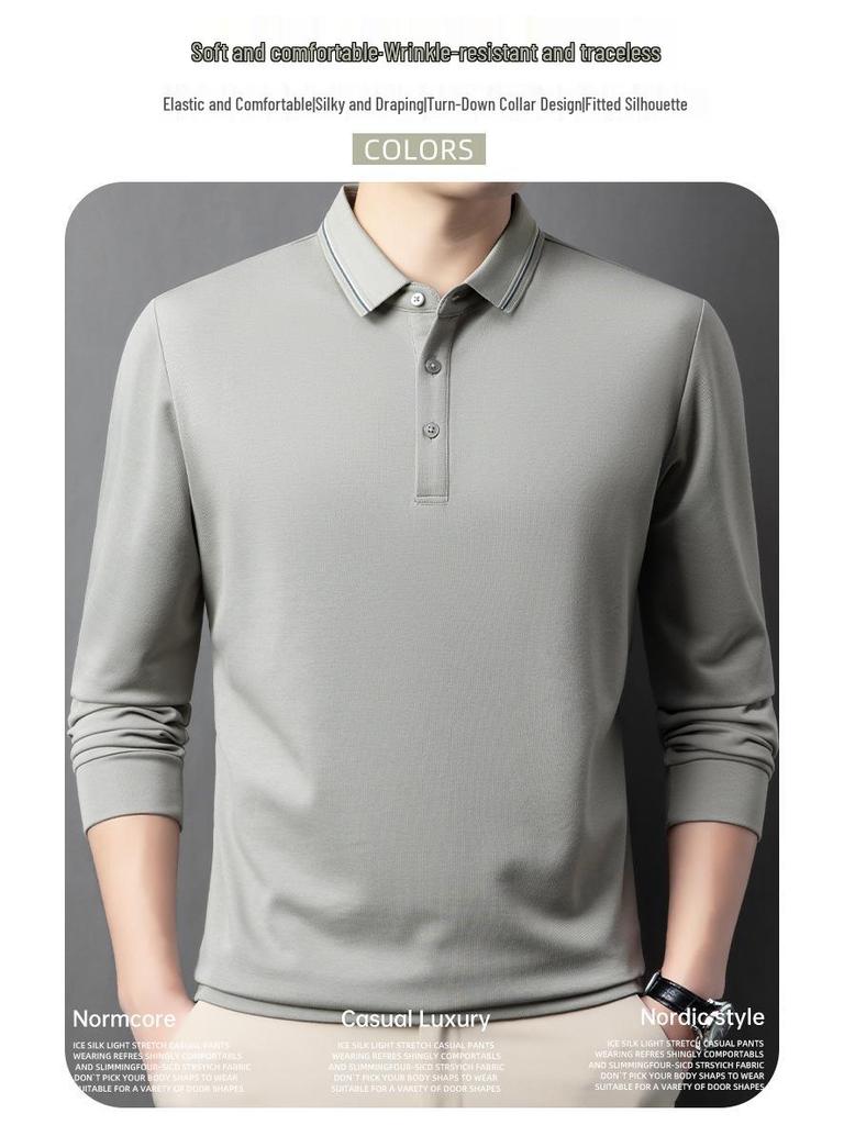 Men's Cashmere Wool & Silk Long Sleeve Polo - Spring/Autumn 2025 Edition, Versatile Dad's Turn-Down Collar Shirt
