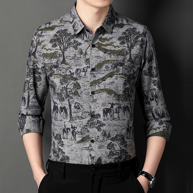 Floral Shirt Men's Long-sleeved Youth Floral Pattern Spring Young and Middle-aged Fashion Men's Casual Floral Shirt Printing Trend
