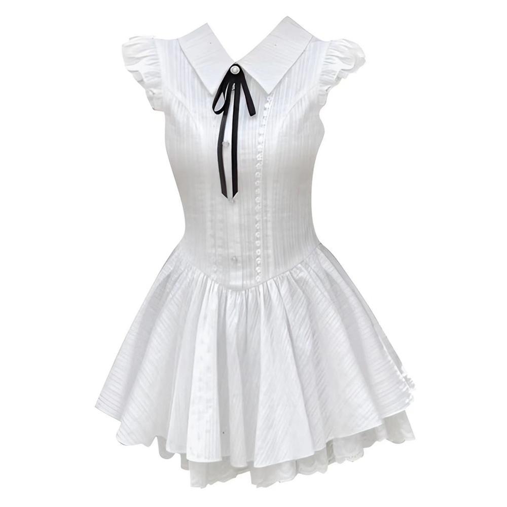 Women's Summer Lace Splicing Waist Small Flying Sleeve Tutu Dress White Sweet Style Girl Lapel Design Dress