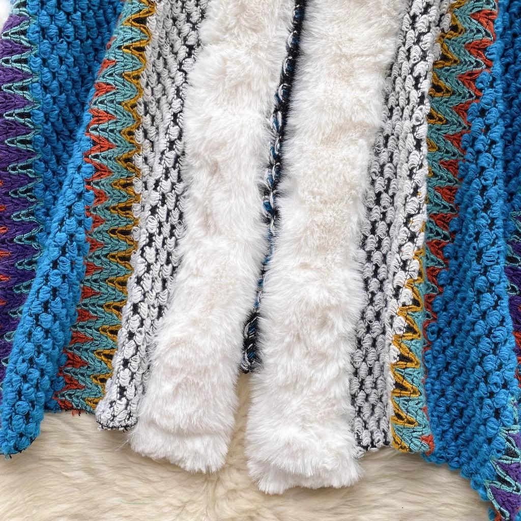 Chic Ethnic Style Color Collision Shawl Sweater Jacket Women Patchwork Soft Warm Hairball Cape Cloak  Knitted Cardigan