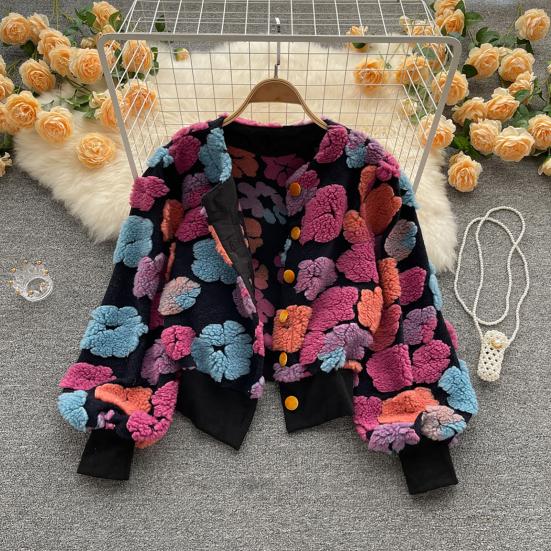 Women Coat Cardigan Single-breasted Long Sleeves Flower Elegant Keep Warm Elastic Cuff Vintage