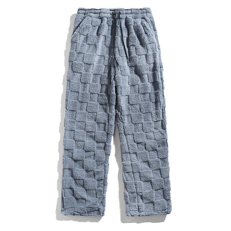 

New Straight-leg Furry Checkered Personalized Warm Sports Casual Autumn and Winter Trousers S