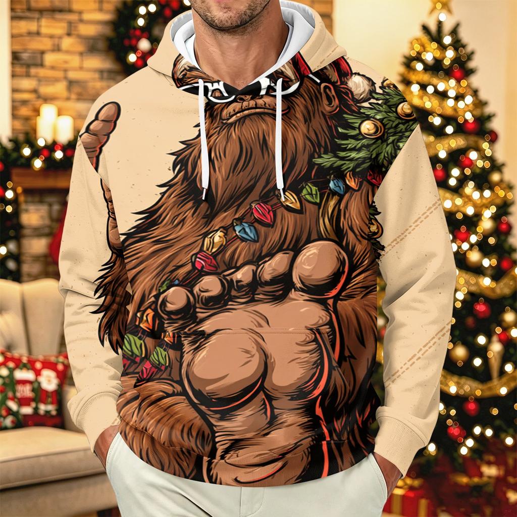 Men's Long Sleeve Hooded Sweatshirt with Christmas Print for Casual Holiday Wear