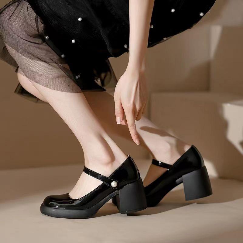 Women's Fashionable Mary Jane High Heels with Thick Soles, Pearl Buckle, and Round Toe - Retro Style for Spring/Autumn 2025