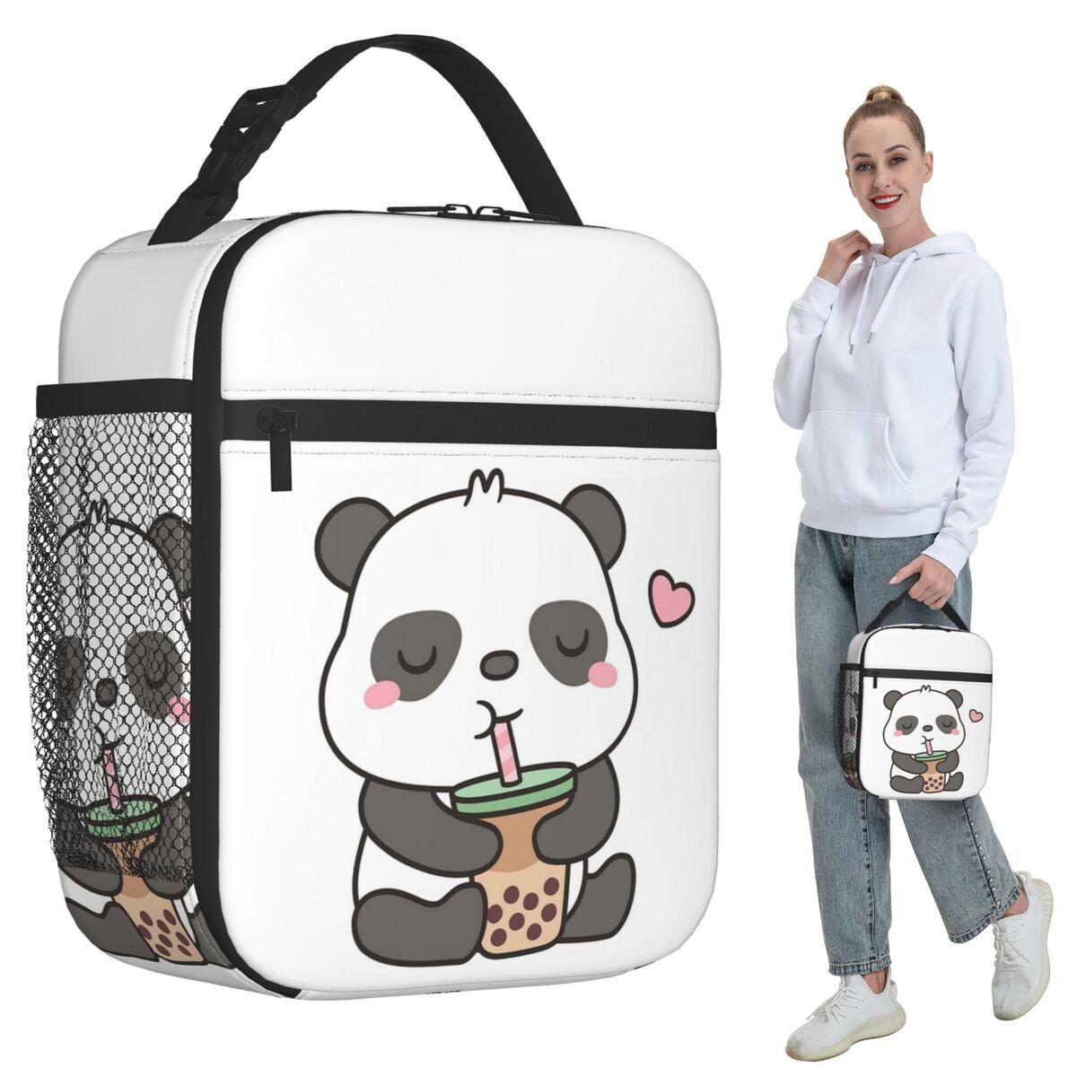 Cute Little Panda Enjoying Boba T Insulated Lunch Bag for Women Office Cooler Thermal Food Box Tote Lunch Boxes Container One Size