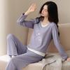 Pure cotton pajamas women's spring and autumn long-sleeved round neck casual fake two pieces women's autumn can wear loungewear suit