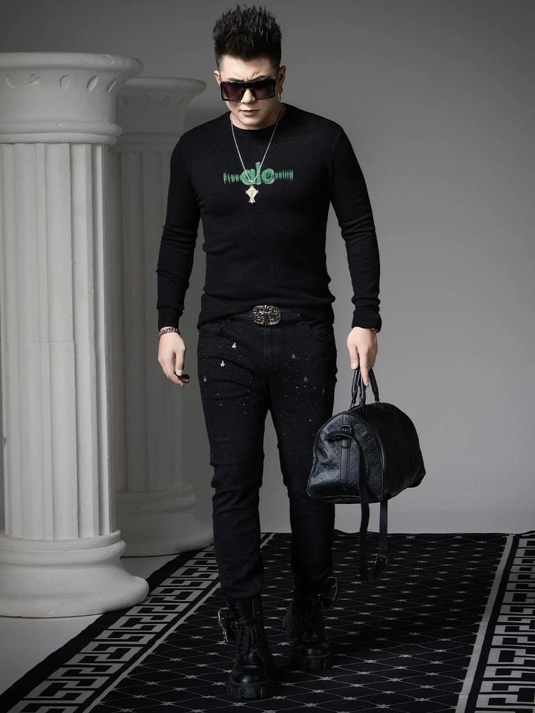 European Trendy Brand Letter-Printed Knitwear for Men, 2025 Autumn and Winter New Style, Inner Layer Base Shirt, Round-Neck Sweater for Men