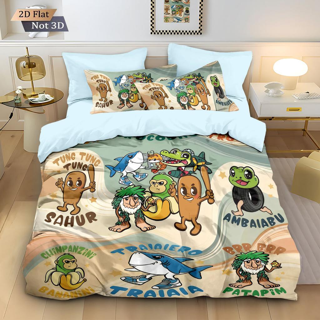 Cartoon ai Brainrot Tung Tung Sahur Bedding Set Bedroom Decoratio Duvet Cover Pillowcase Adult Boy Girl Single Double Large Siz