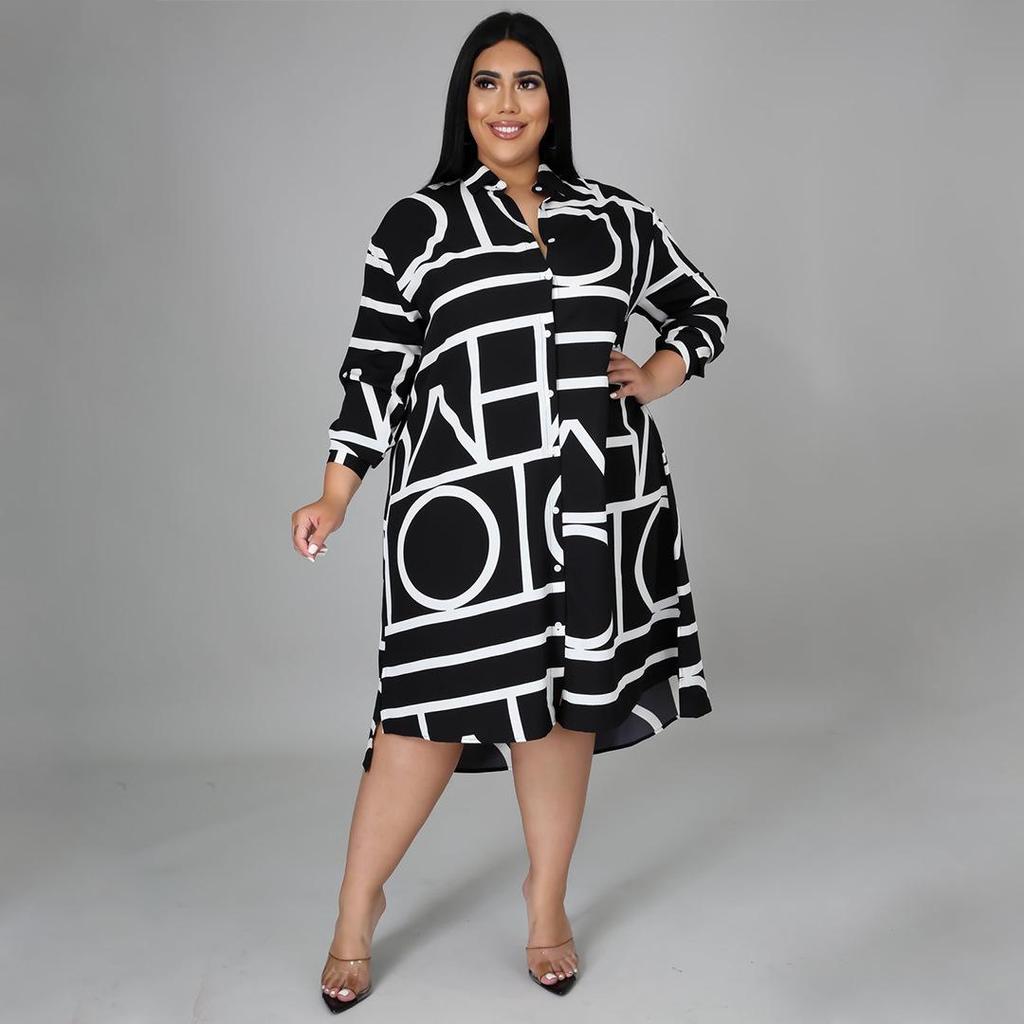 Plus Size Women's Printed Pleated Waist Dress - European and American Style