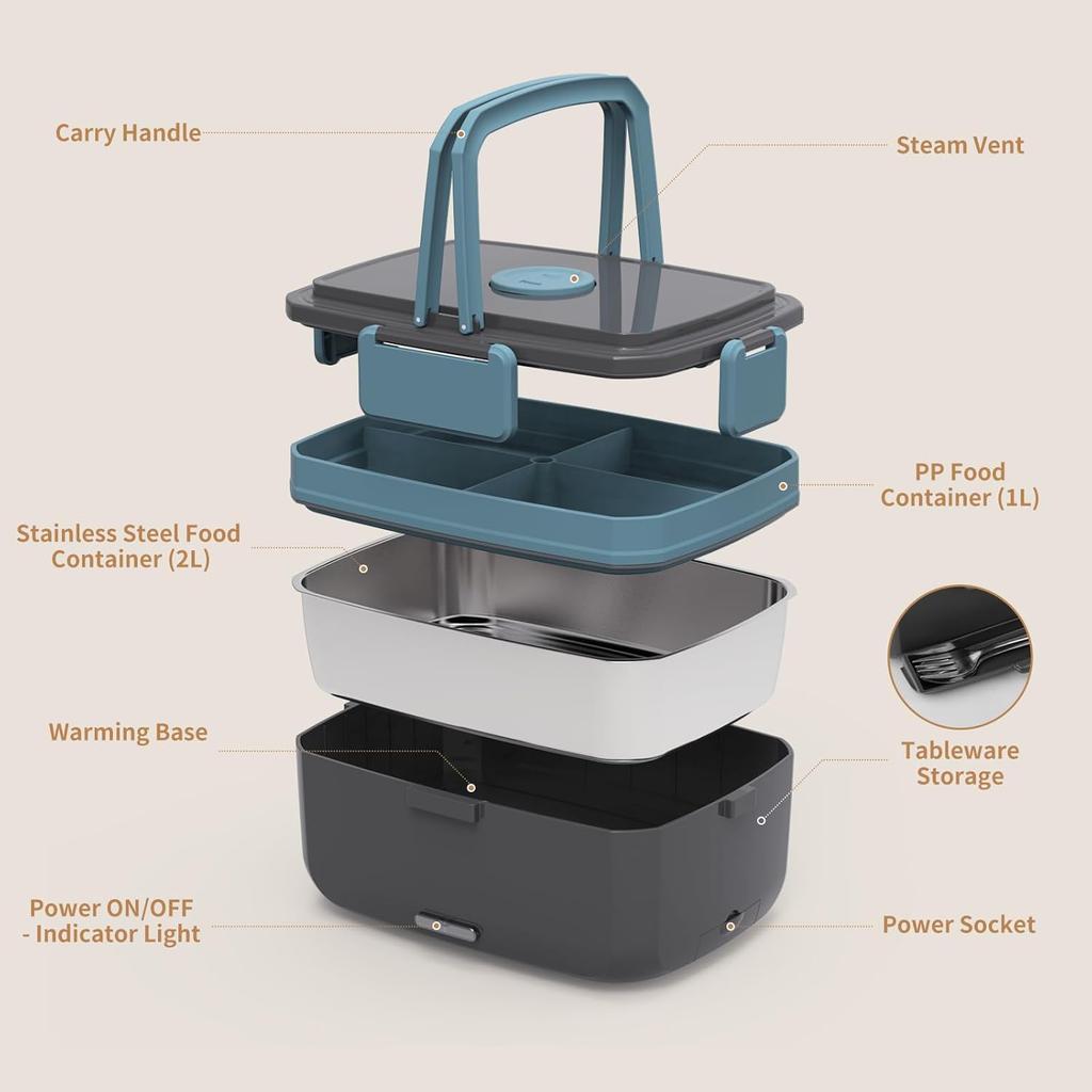 Electric Lunch Box for Adults – 90W Portable Food Warmer with 2L Stainless Steel & 1L Fruit Container, 12V/24V/110V Heated Lunch Box for Car,