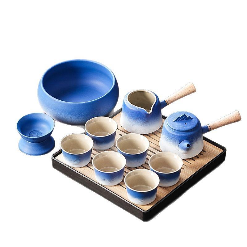 Gradually Change the Blue and White Coarse Pottery Teapot Kung Fu Tea Set, the Whole Set of Household Tea Trays, Light Luxury Gifts