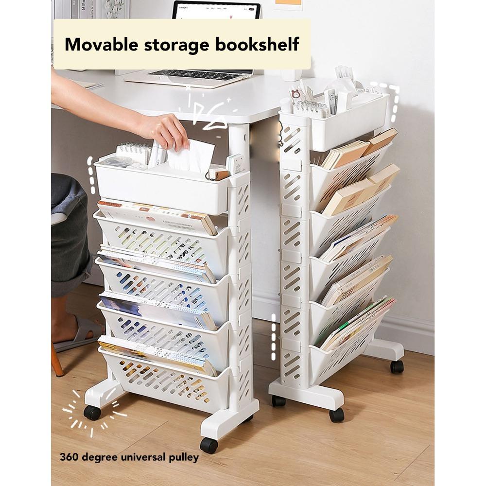 Plastic Rolling Bookshelf Removable Storage Cart Durable Mobile Bookcase Space Saving