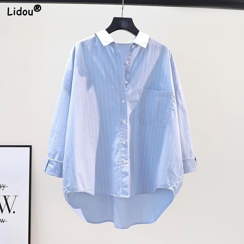 

Женская одежда Полосатая простота Мода Повседневная Весна Лето Тонкая Карманы Отложной воротник На пуговицах Свободные Формальные блузки L синий