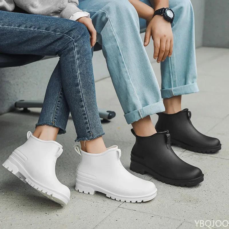 Low cut couple rain Shoes Ladies thick soled non slip rubber shoes Round toe solid color footwear Fashion women's rain boots