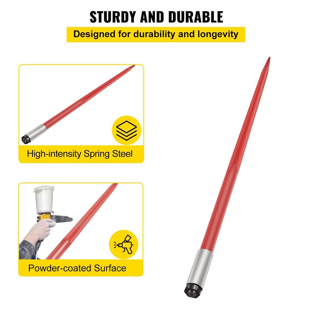 Hay Spear 49" Bale Spear 4500 lbs Capacity, Bale Spike Quick Attach Square Hay Bale Spears 1 3/4" wide, Red Coated Bale Forks, Bale Hay Spike with Hex