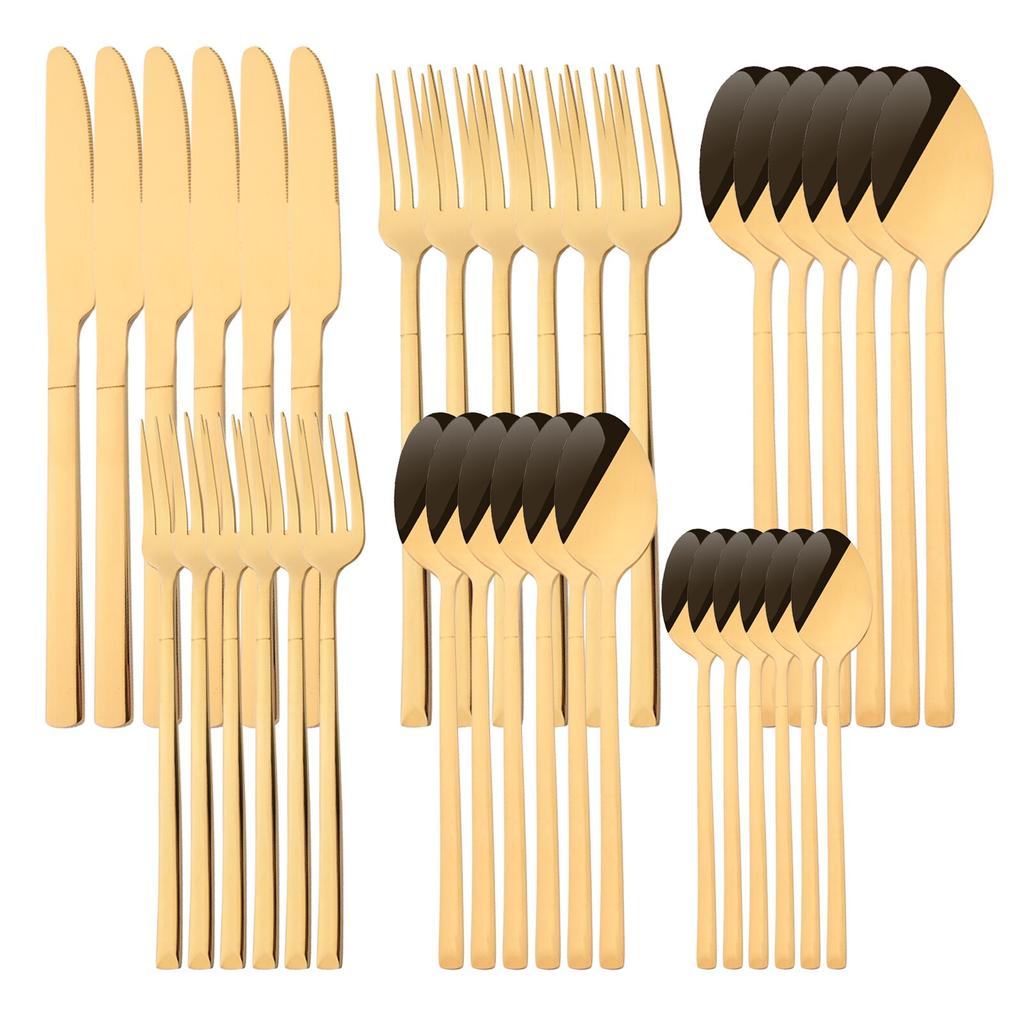 36Pcs/6Sets Mint Gold Cutlery Set Mirror Stainless Steel Flatware Knife Dessert Fork Tea Spoon Dinnerware Kitchen Restaurant Tableware