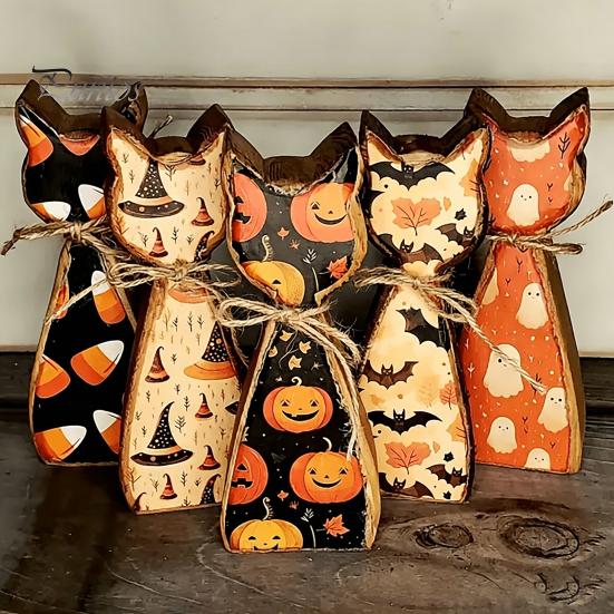 Rustic Wooden Cat Ornaments Ornament, Vintage Halloween/Flower Wood Tabletop Signs, Festive Party Table Centerpieces Distressed Animal Figurines