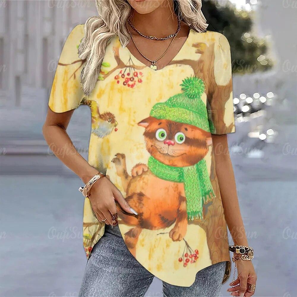 2024 neue Weihnachten Katze Gedruckt T-Shirt Für Frauen Sommer Mode Kawaii Damen Kurzarm T Shirt Tops Festival Femele Kleidung