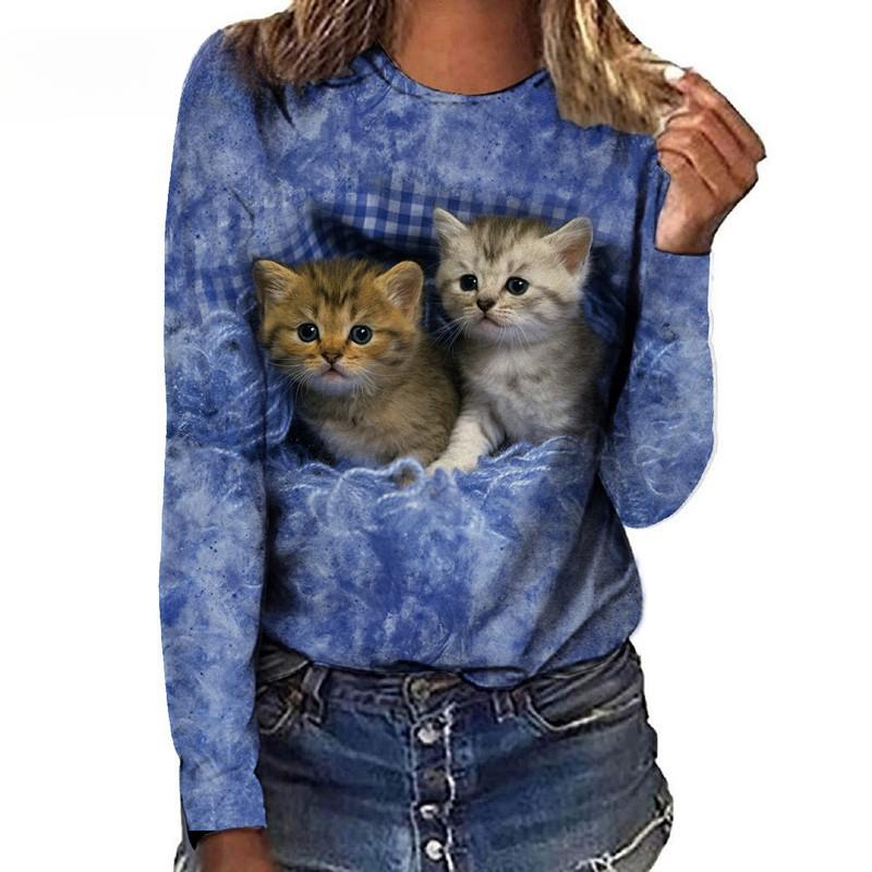 Women's Long Sleeved T-shirt Cat Case Digital 3D Printing Women's Street Sports T-shirt Top Cat T-Shirts