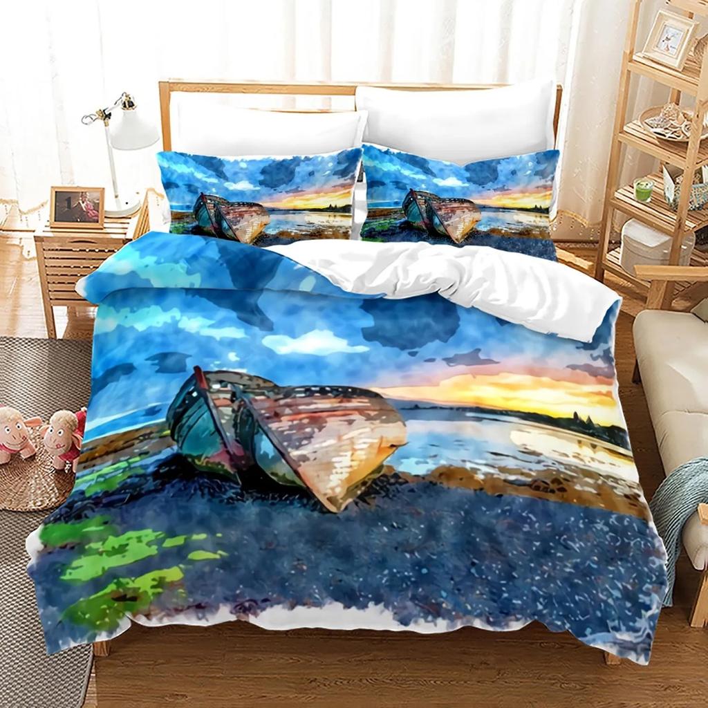 Ocean Bed Linen Package King Dimension Colorful Beach Landscape Bed Cover In Oil Painting Style Famous Hawaii Coastal Polyester Fabric Quilt Cover