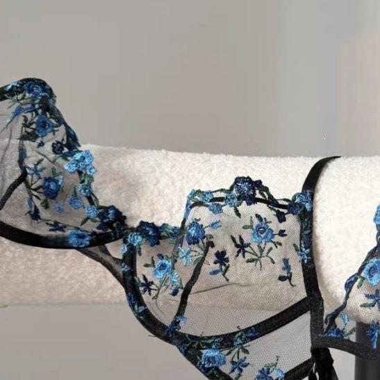 French floral embroidered underwear women's big breasts show small sexy transparent steel ring upper support anti-sagging bra cover