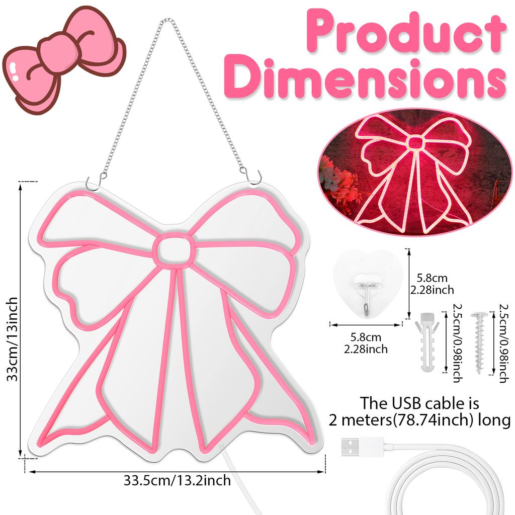 Bow Neon Sign Decor Light Board Wall Hanging Light Advertisement with Dimmable Switch Neon Light Sign for Girl Room OR Store