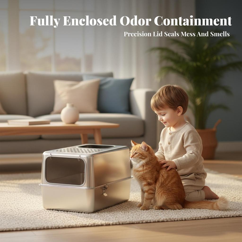 Enclosed Cat Litter Box Scratch-Resistant Stainless Steel Pet Supply