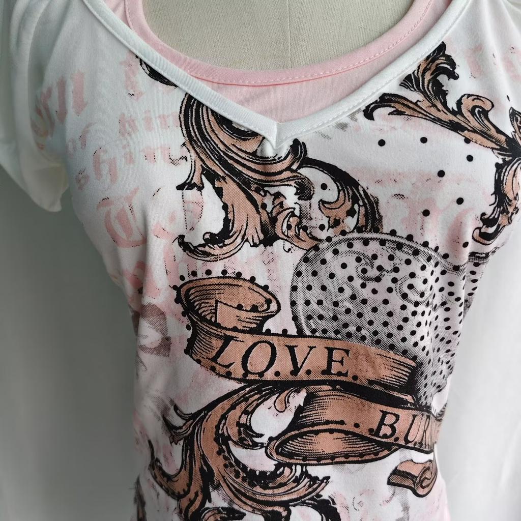 T-Shirts Damen Y2k Ästhetik Harajuku Vintage Patchwork Neckholder Bandage V-Ausschnitt Buchstabendruck Grunge Gothic Crop Tops