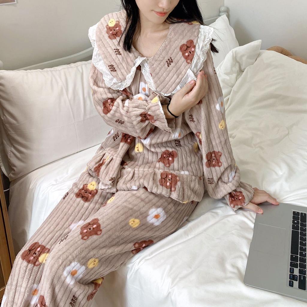 Thickened Warm Sleepwear Loungewear for Winter Printed Peach Pajamas Homewear Coral Velvet 2PCS Set Cartoon Bear Cute