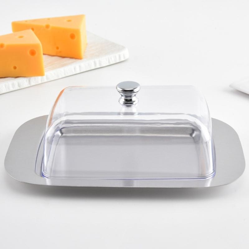 Butter Tray with Cover, Rectangular Cheese Serving Tray with Metal Base for Refrigerator Storage, Breakfast Tables, Tea Service, and Small Pastries