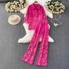 Womens Lace-Trimmed Denim Collar Long Sleeve Shirt High-Waisted Wide-Leg Pants Set Casual Chic Outfit Fall 2025