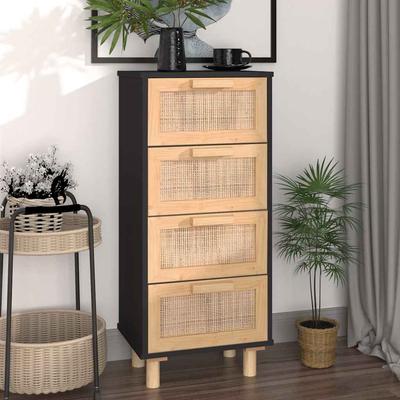 Vidaxl Chest of Drawers, Black, 40X30X90 Cm, Solid Pine and Natural Rattan