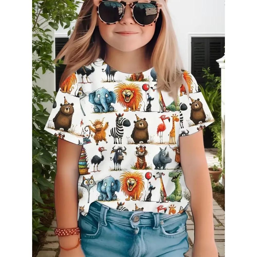 Summer Children's Short Sleeved T-shirt Fashionable Colorful Cartoon Animals 3d Printing Soft Comfortable Breathable Round Neck T-shirt