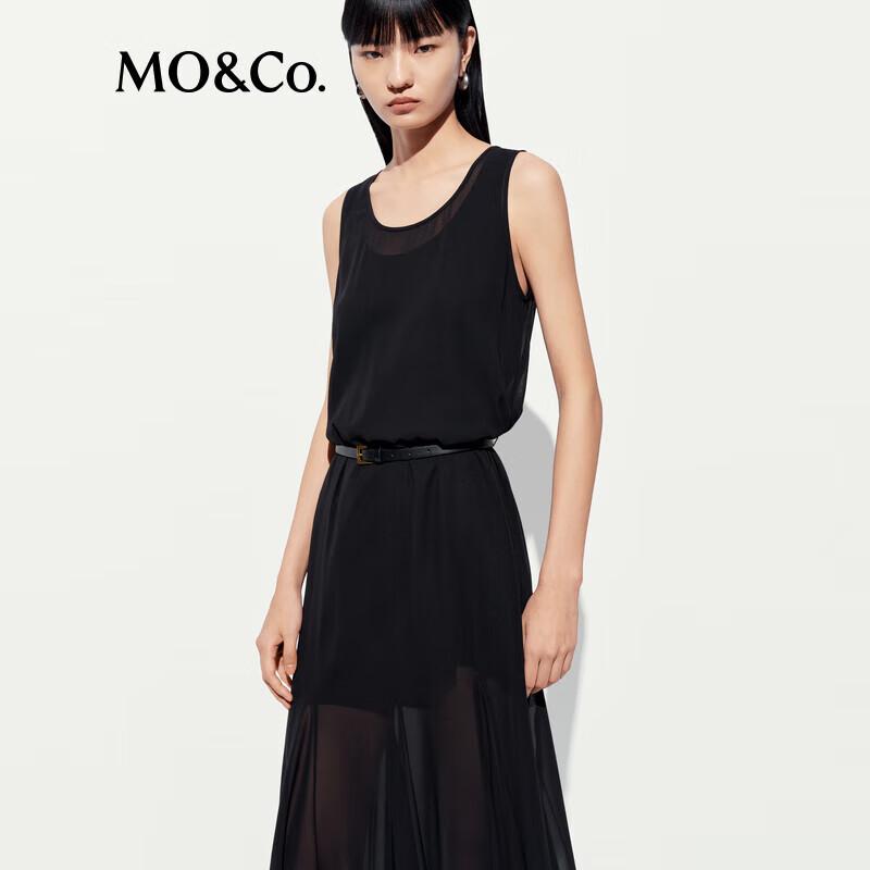 MO&Co. New Summer Black Sleeveless Mesh Tank Dress with Belt