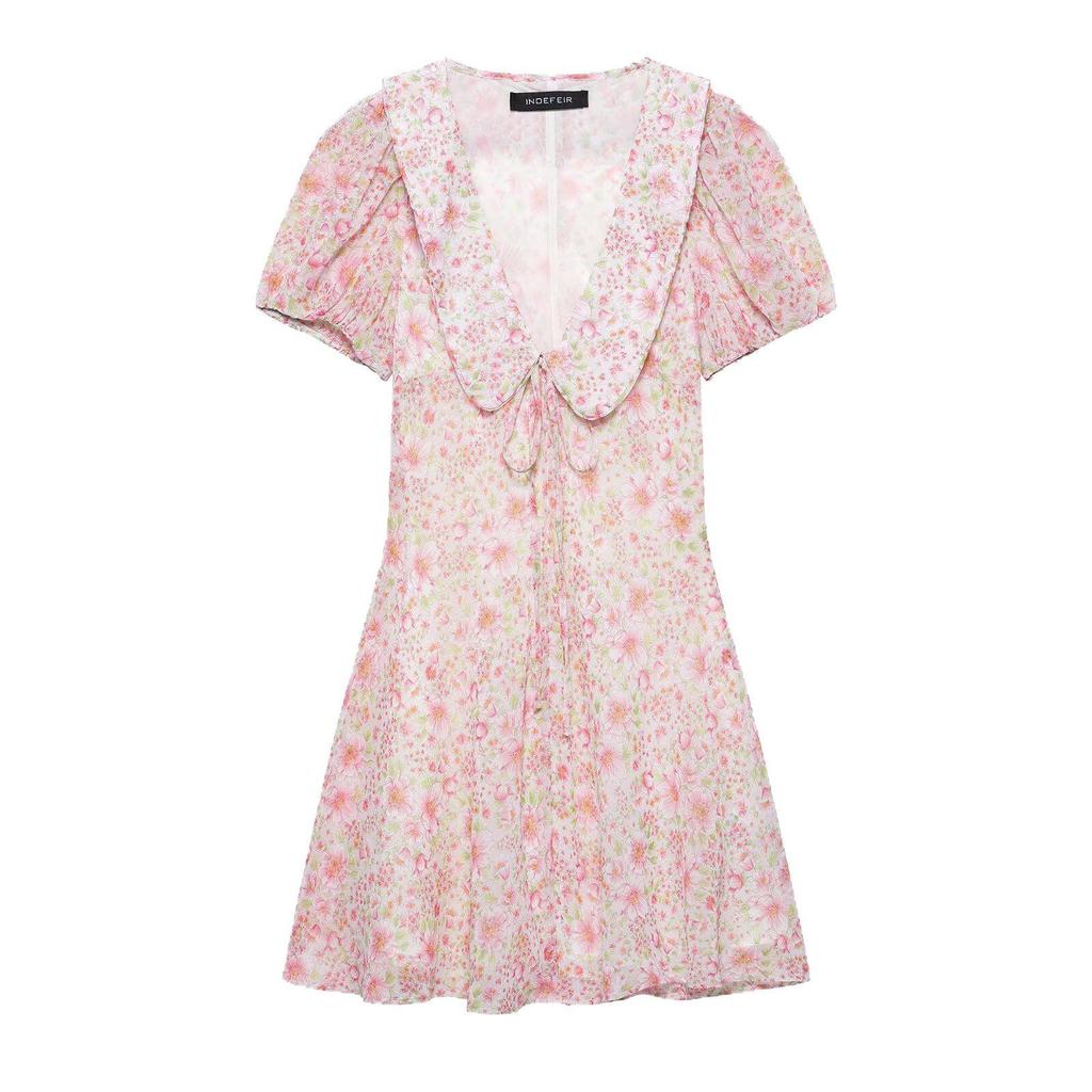 2025 Summer Women's Cross-border Printed Short Dress with Round Neck