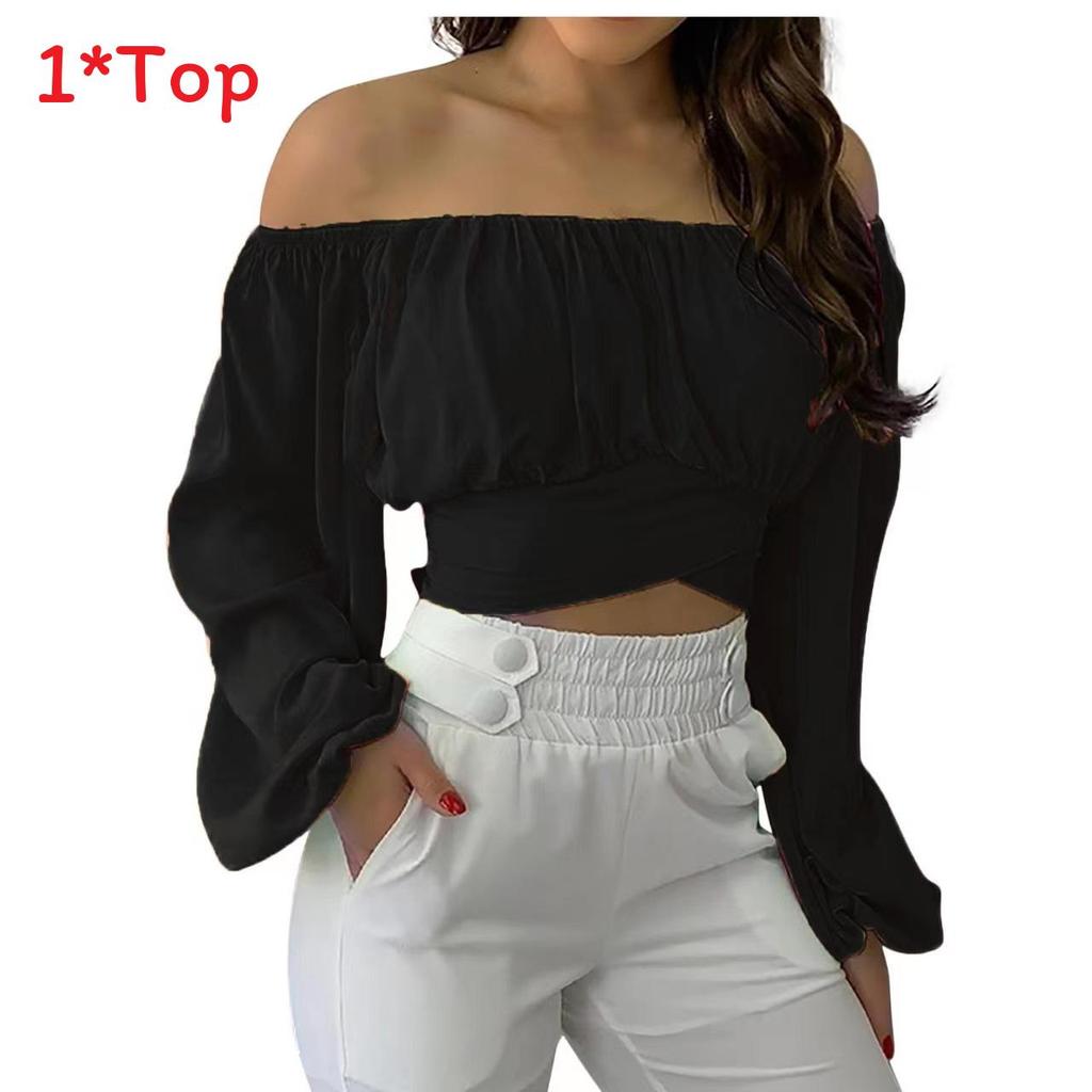 Spring Summer Womens Off Shoulder Cross Tie Long Sleeve Blouse For Casual Office Wear