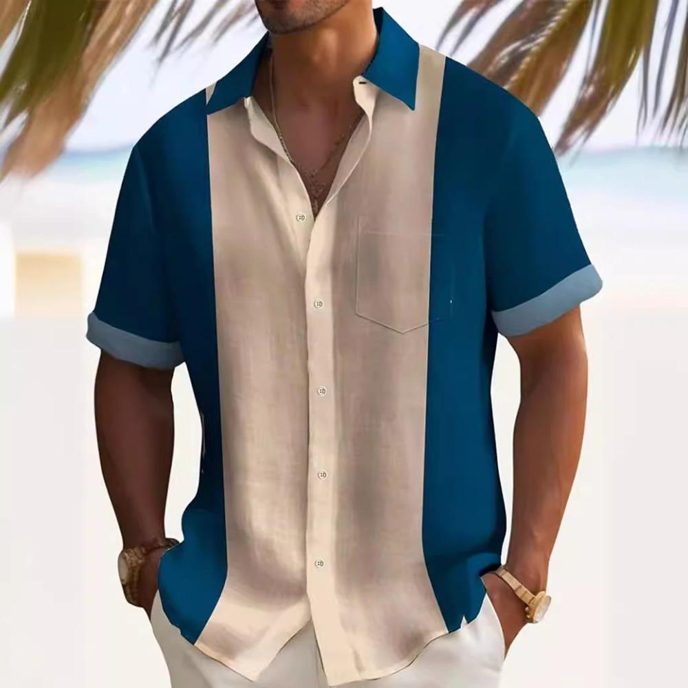Herrenhemden Kurzarm Patchworkhemd Sommer Casual Umlegekragen Hemden Strandurlaubsstil Hemden