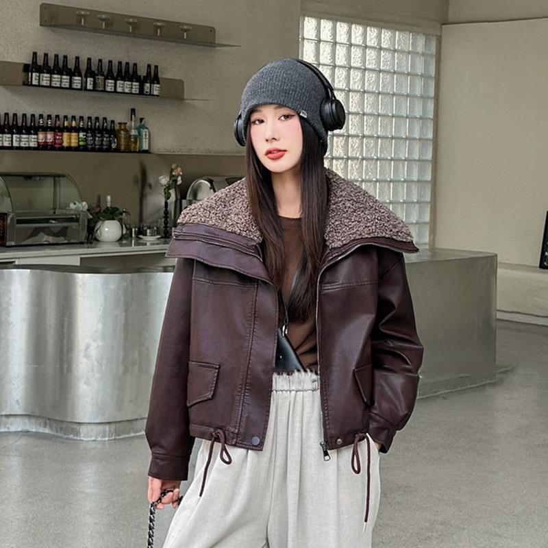 Winter Damen Übergröße Gepolsterter PU Mantel Jacke Lockerer Haarkragen Bikeranzug Jacke