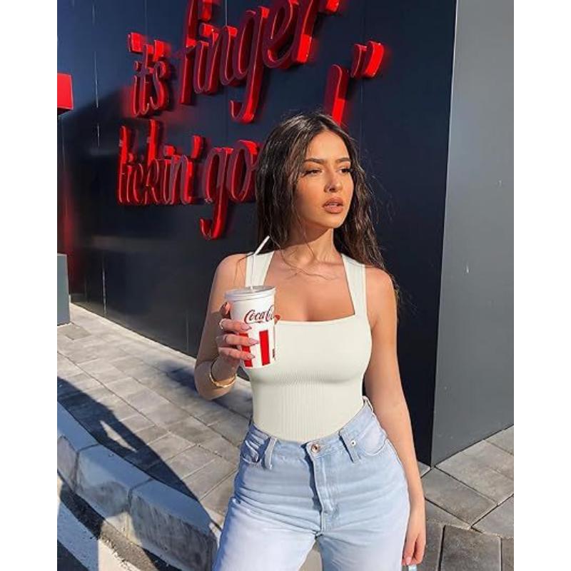 2025 Sexy U-Neck Slimming Tank Bodysuit for Women-Sleeveless Bodycon Jumpsuit, Stretchy Tight Vest Top with Snap Closure,Viral Figure Hugging Outfit
